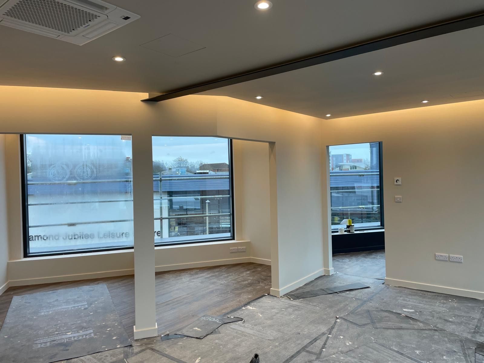 Commercial space with recessed ceiling lighting